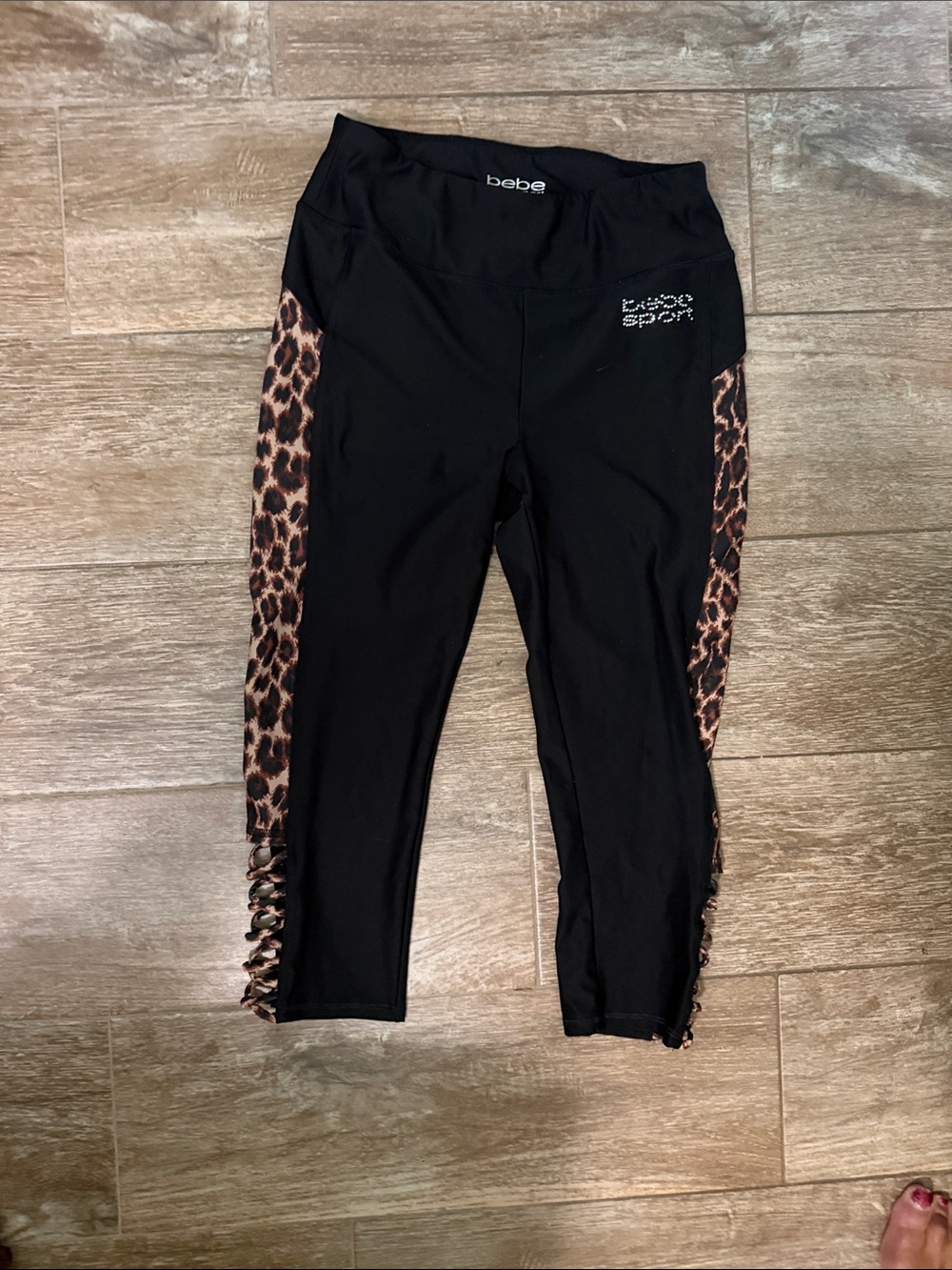 bebe Black Leggings with Leopard Side Panels